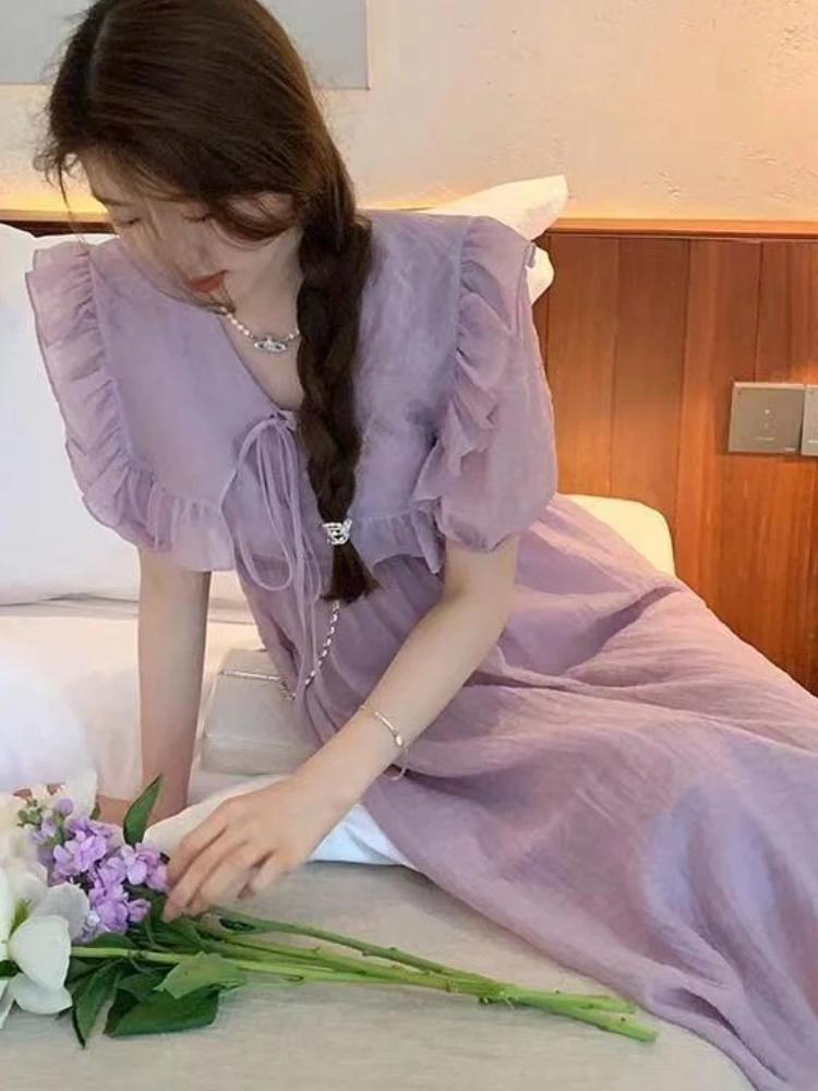 Purple Dresses Women Sweet Preppy Style Ruffles Design French Version Gentle Temperament V-neck Casual Simple Retro Prairie Chic