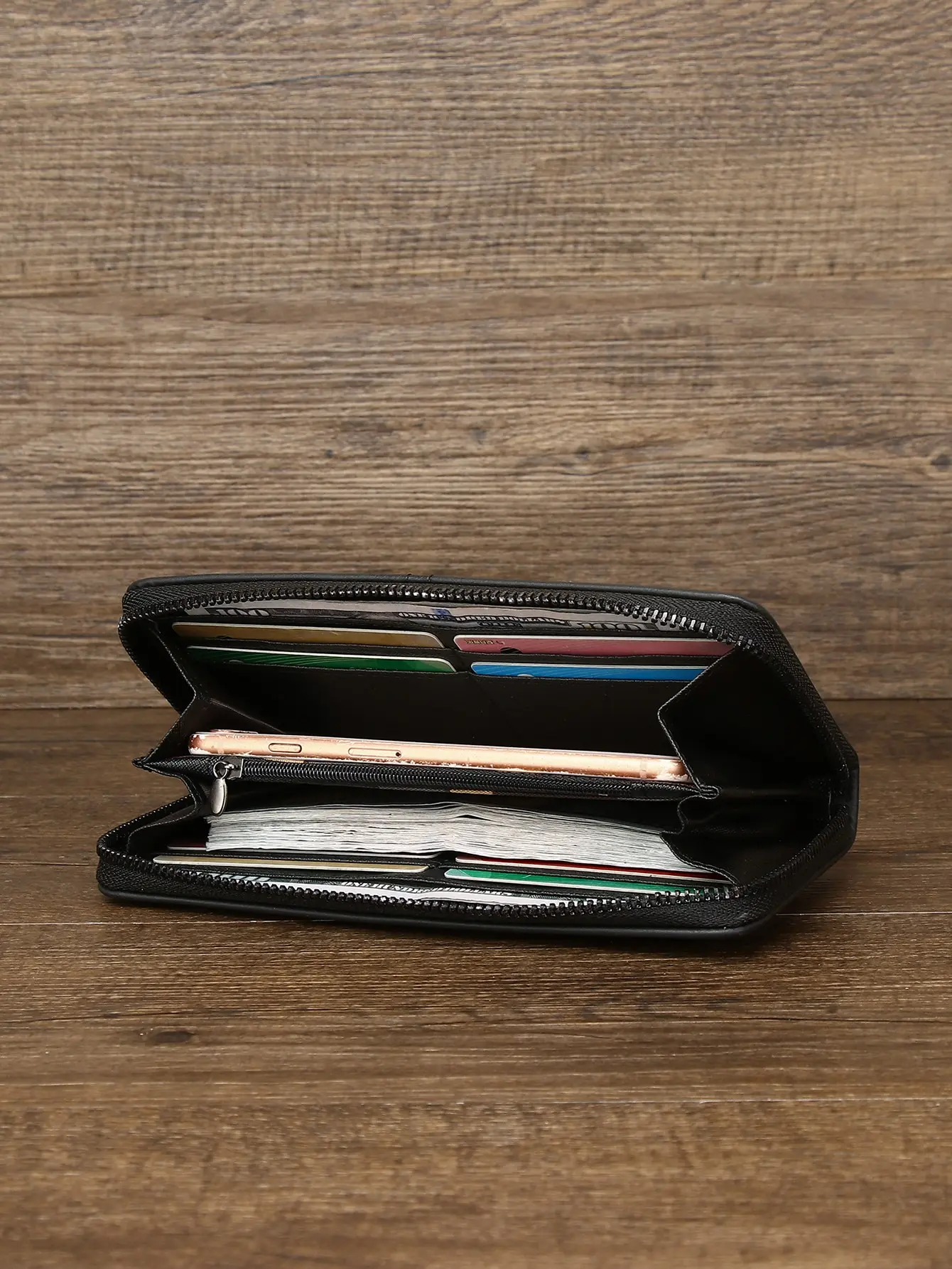 Men's 2-Piece Black Textured Faux Leather Wallet Set - Long Clutch with Phone Storage & Wrist Strap + Compact Short Wallet,