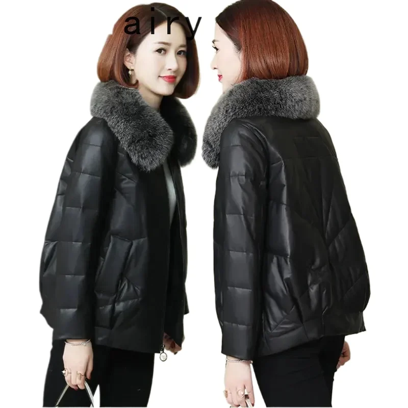 

Женская куртка из натуральной кожи 2024, осенне-зимняя дубленка из натуральной овчины, корейские модные пуховики, пуховики с воротником из лисьего меха