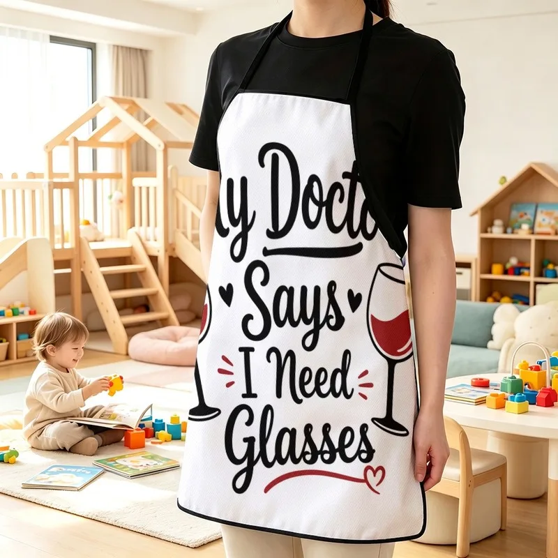 1PC【Apron】2DFlat effect，Printed with a fun English slogan featuring a goblet，Durable，Suitable home kitchen cooking、Outdoor P