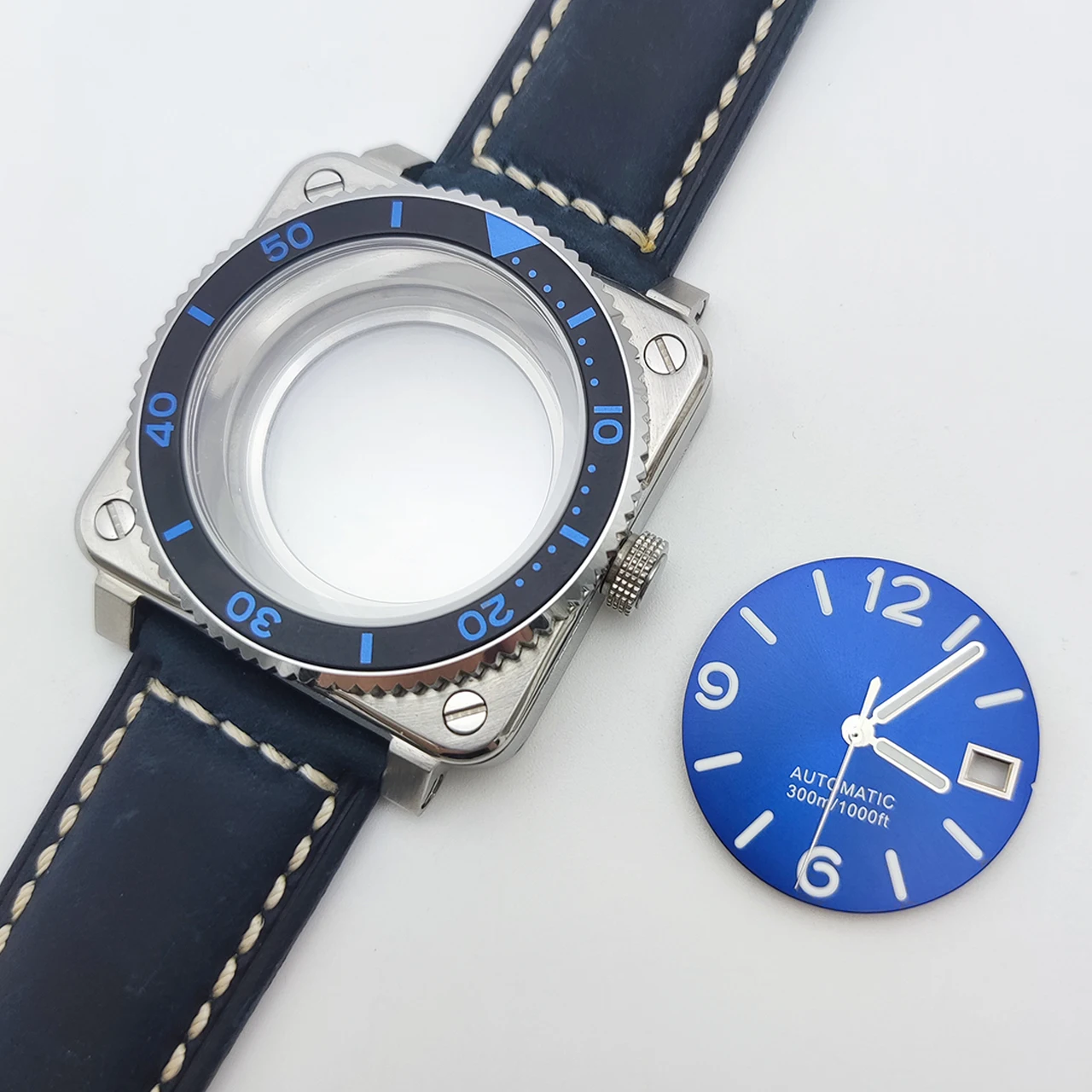 42mm Square NH35 Men's Watch Set with Blue Luminous Dial, Aluminum Bezel Sapphire Crystal Exhibition Back Leather Strap