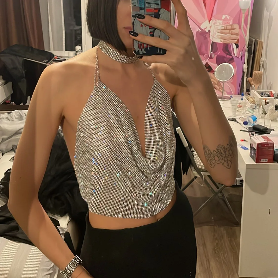 

Sparkly Rhinestone Nightclub Women's Y2K Tank Top Sexy Backless Metal Chain Halter Crop Tops Rave Party Streetwear Chic Camisole