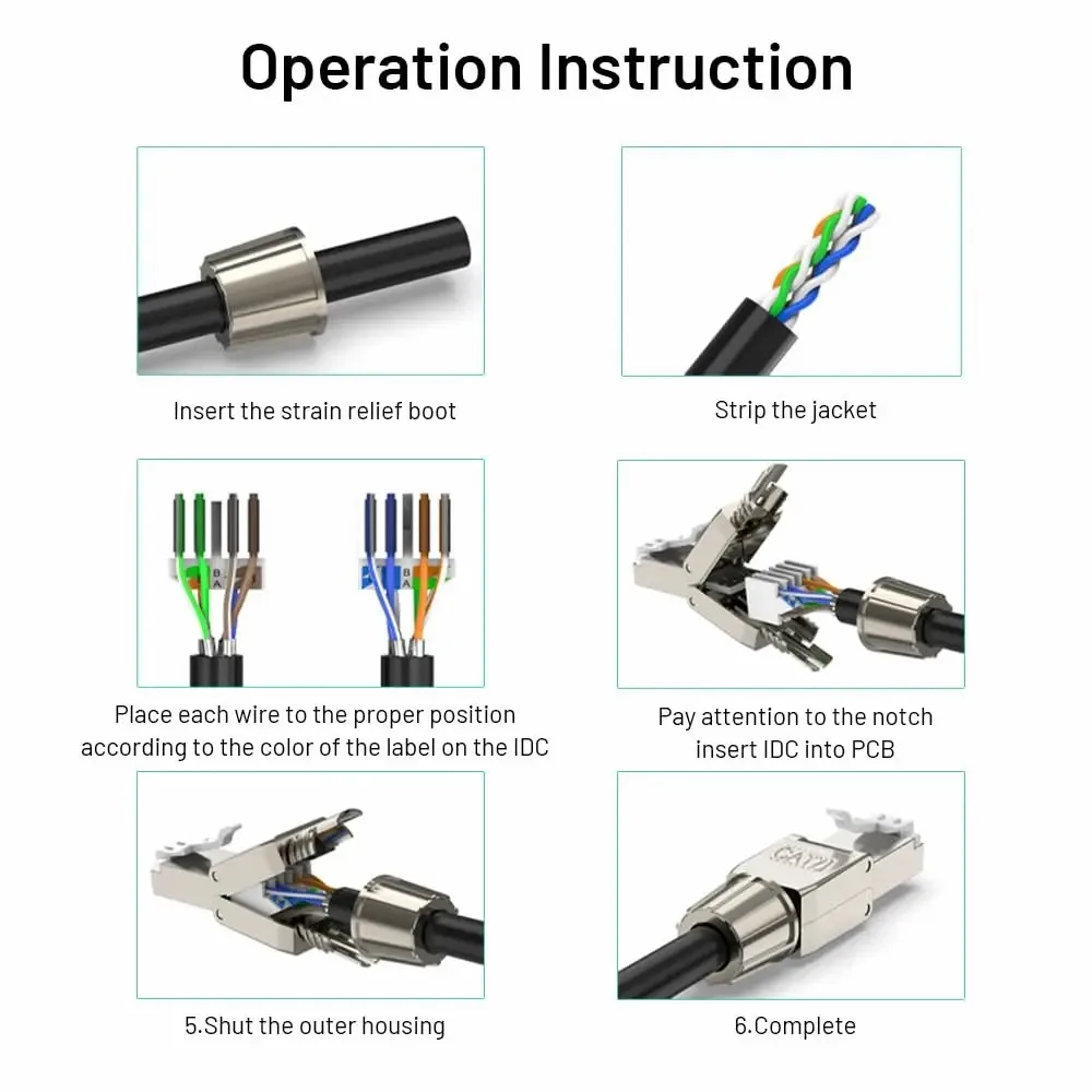 WoeoW 도구 없이 재사용 가능한 차폐 이더넷 종단 플러그, 23AWG SFTP UTP 케이블용, RJ45 Cat6A Cat7 Cat8 커넥터, 6PCs