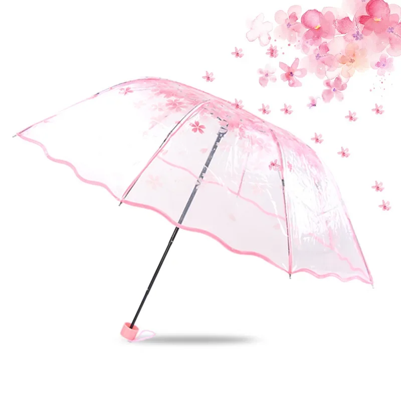 Korean Umbrella Folding Cute Korean Mini Fresh Simple Sen Series Trifold Cherry Blossom Transparent Japanese Umbrella