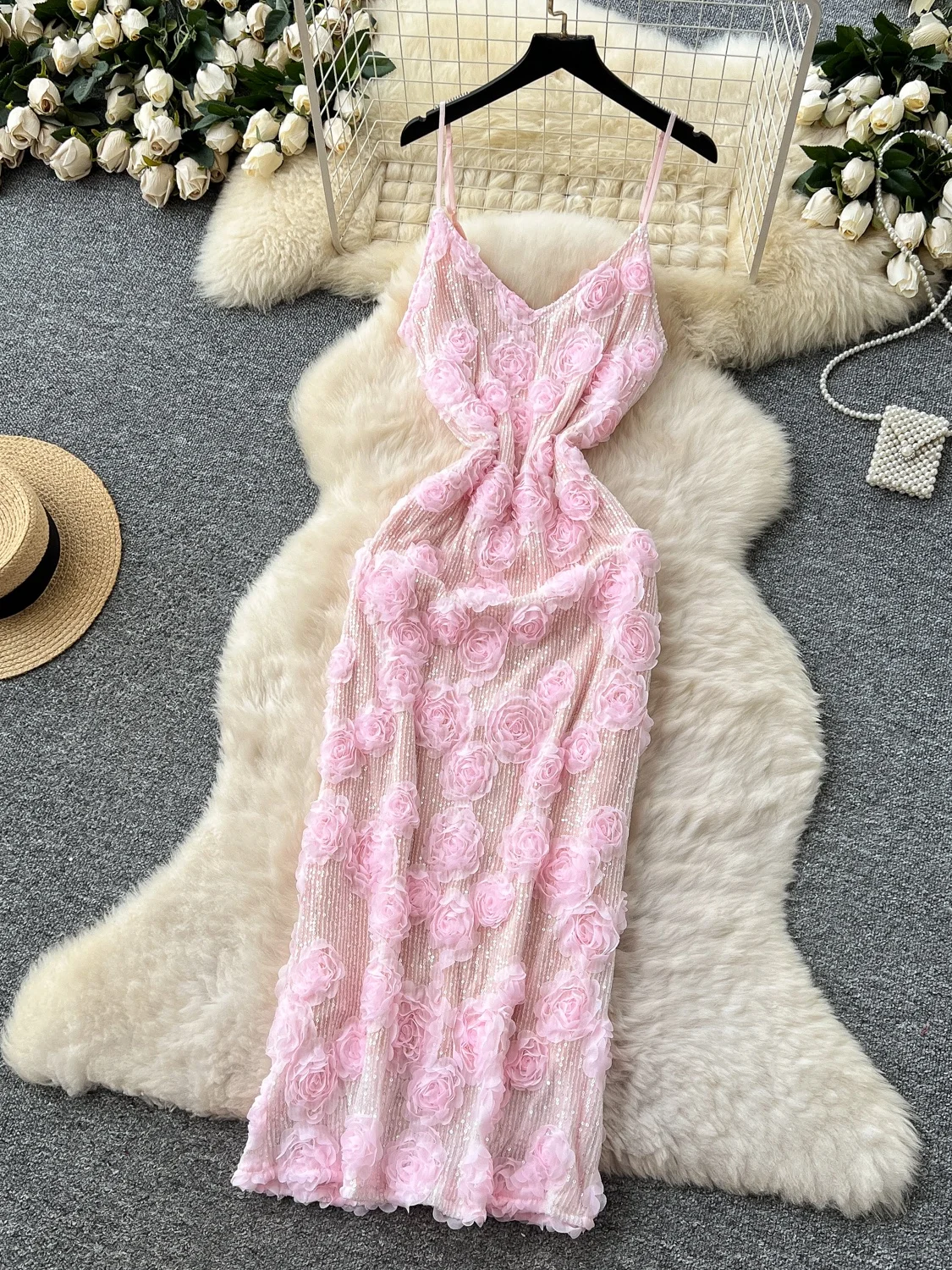 กระโปรงทรงเอเข้ารูปประดับเลื่อมสำหรับผู้หญิง สไตล์เกาหลี เอวสูง ทรงเข้ารูป กระโปรงยาวสำหรับฤดูร้อน