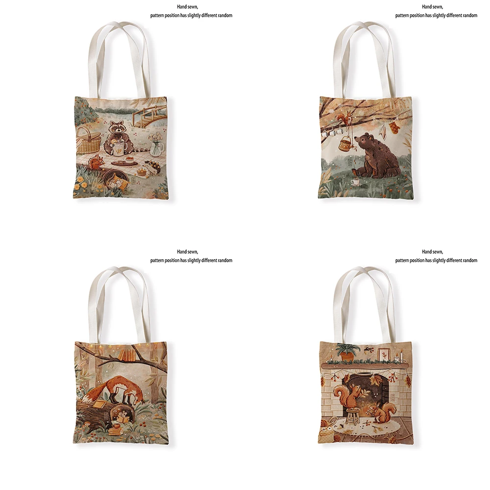 Fairy Forest cute Bear shopping bag reusable cartoon animal double print student tote bag Large capacity shopping bag