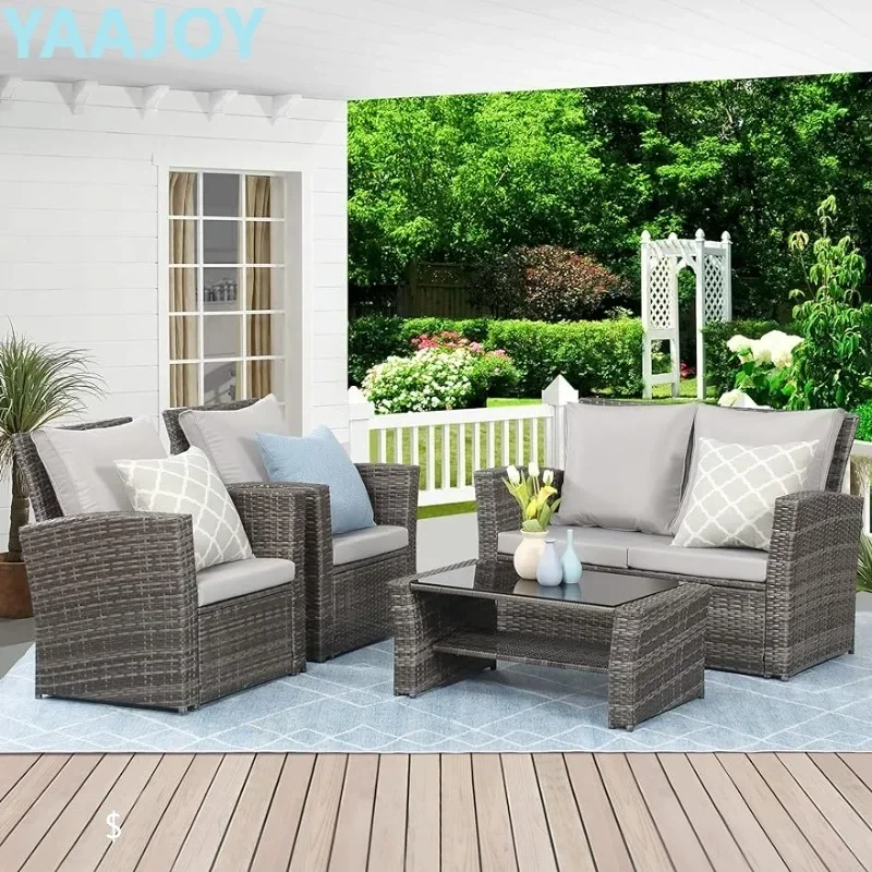 

4 Piece Outdoor Patio Furniture Sets, Wicker Conversation Set for Porch Deck, Gray/Brown Rattan Sofa Chair with Cushion