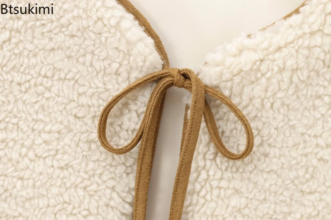 2025 Autumn Winter Stylish Fleece Bow Tie Sleeveless Round Neck Simple Casual Vest for Women Loose Lace Up Cardigan Waistcoat