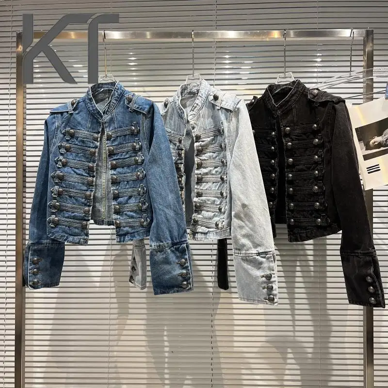 

Женская джинсовая куртка KT в военном стиле, весна-лето 2026, двубортная, укороченная, с воротником-стойкой, повседневная