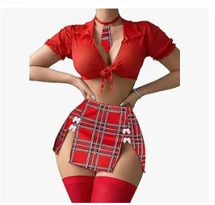 

Sexy Trendy Women's Lingerie Set with Plaid Mini Skirt cute girl uniform with slit opening, women's clothing