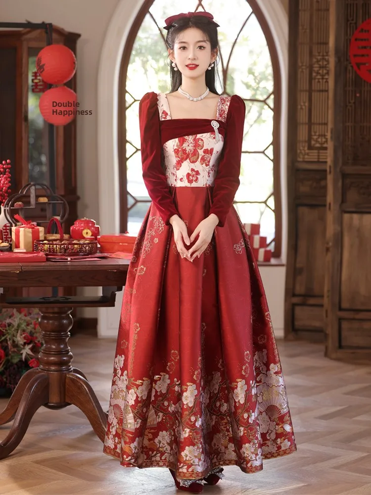 

Ele Red Velvet Wedding Dr 2025 Sle Chinese Retro Bridal Gown for Engagement And Return Home Ceremony