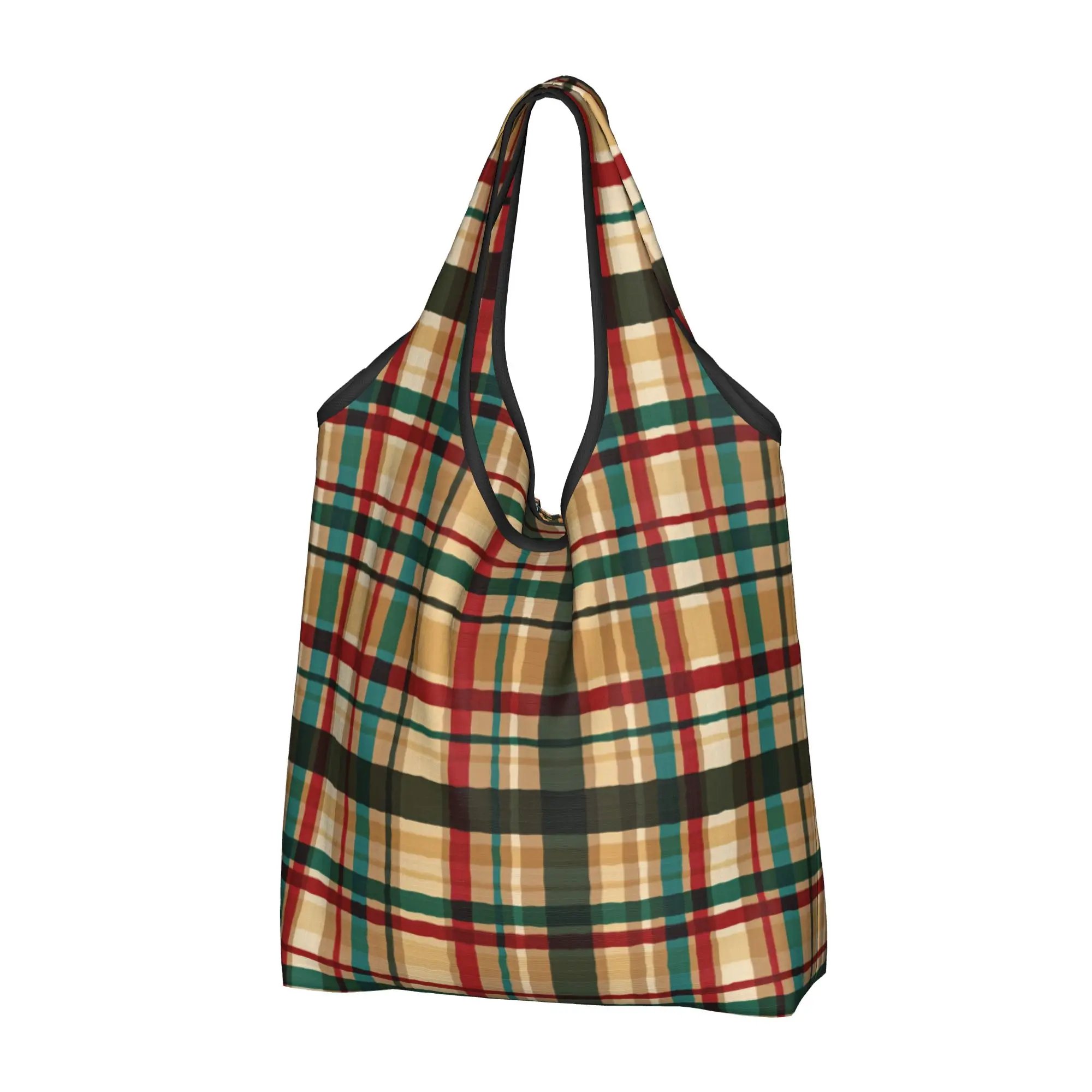 Recycling Classic Tartan Red And Green Plaid Shopping Bag Women Tote Bag Portable  Groceries Shopper Bags