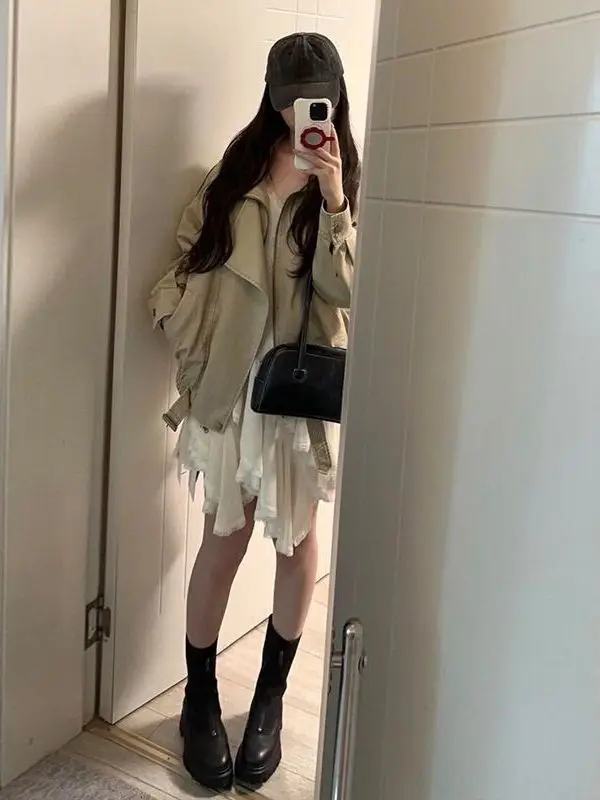 Retro American Workwear Style Women's Dress Coat Korean Small Size Fashion Short Outerwear Design Two-Piece Set