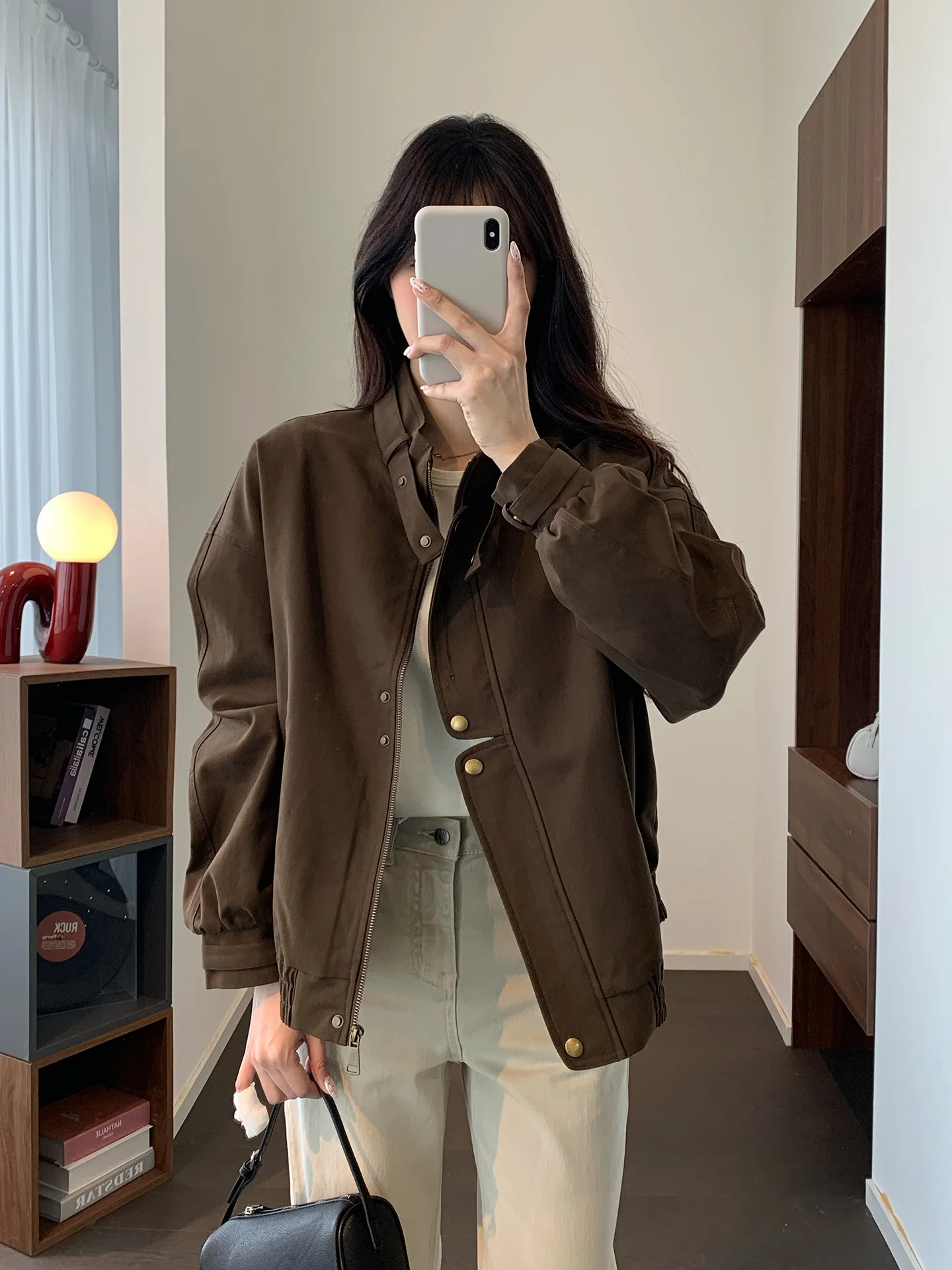 Slimming Ruched Hem Short Jacket Women's Casual Style Loose Fit Shoulder Drop Shoulder Design Cool Cotton Flight Jacket