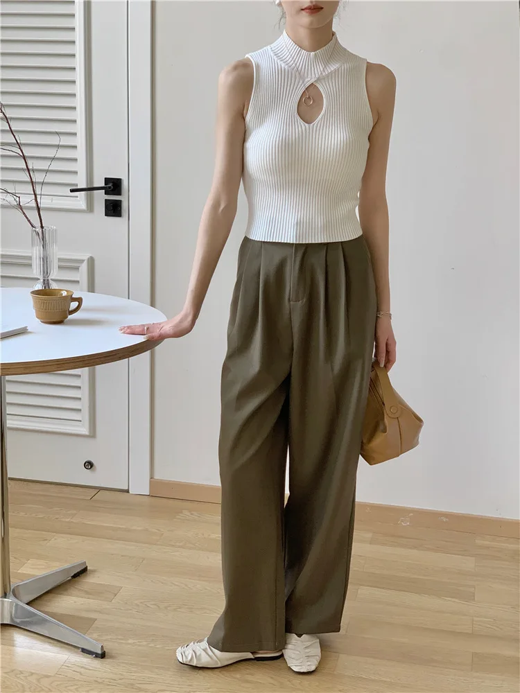 7590 Summer New Pure Desire Sexy Half Neck Hollow Out Ribbed High Waist Short Sleeveless Tank Top For Women