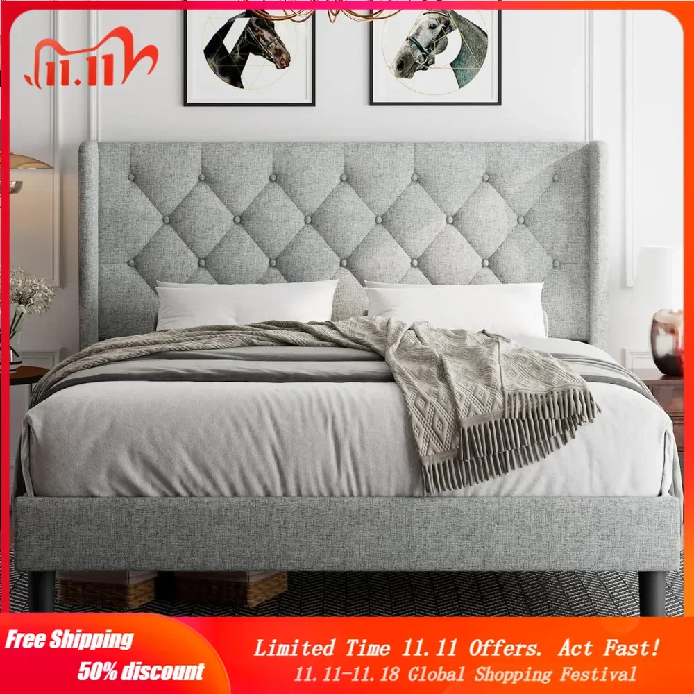 

Bed Frame Upholstered Wingback Platform Bed Frame with Diamond Button Tufted Headboard, Sturdy Wooden Slats, Noise-Free