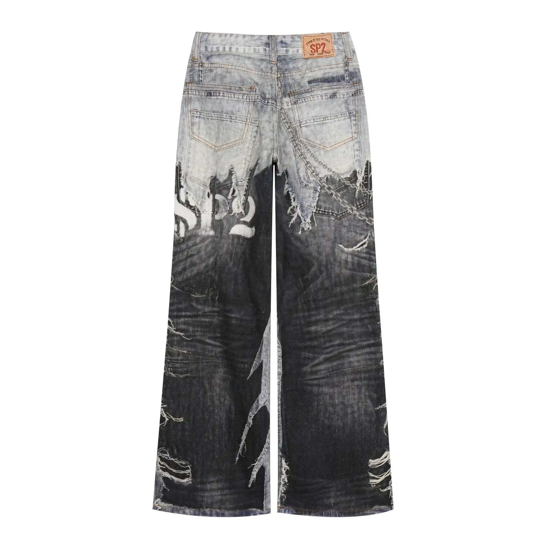 Grey Chain Print Men's Widel Eg Jeans High Street Punk Baggy Versatile Casual Denim Pants Casual Fashion Trousers H4D7