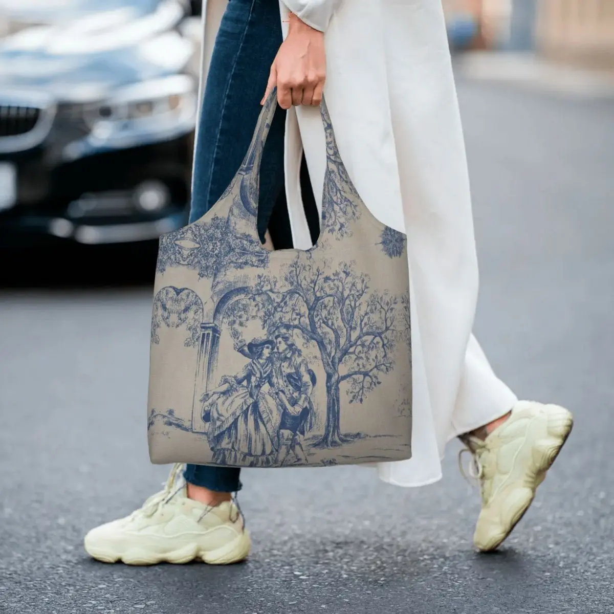 Vintage Classic French Toile De Jouy Navy Blue Motif Pattern Shopping Tote Bags Reusable Groceries Canvas Shopper Shoulder Bag