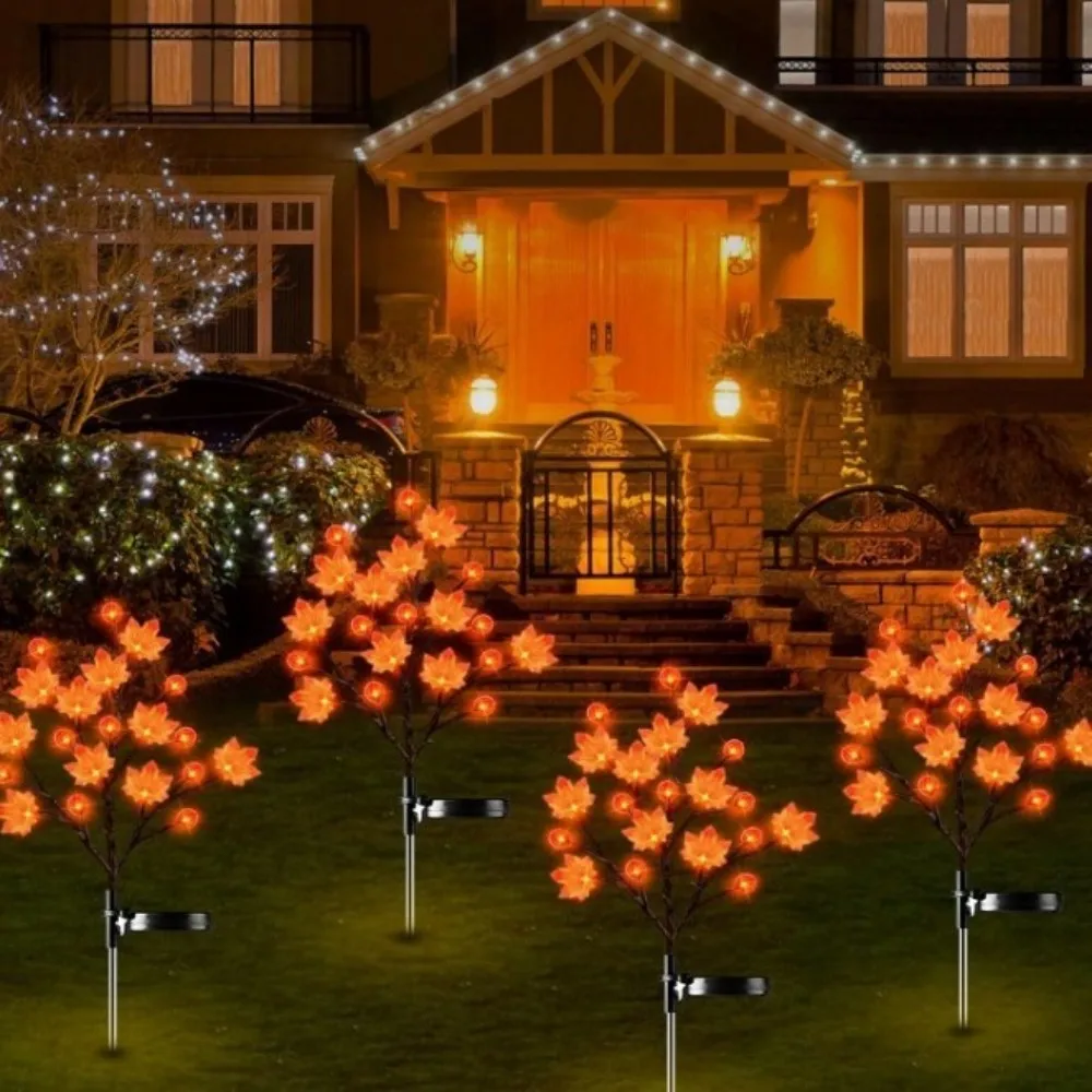 1PC 20LED Halloween Solar Courtyard Light, Maple Leaf and Pumpkin Shaped, Floor Plug Outdoor Waterproof Garden Decoration Light