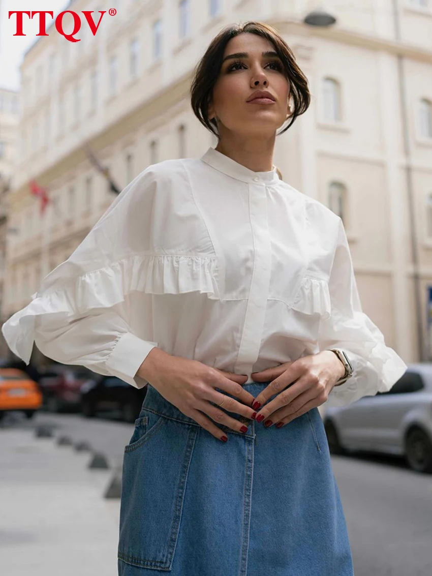 

TTQV Fashion Loose White Cotton Women's Shirt Spring Stand Collar Long Sleeve Blouse Elegant Classic Ruffles Top Female Clothing