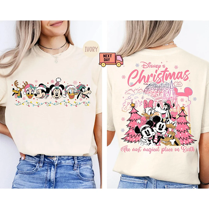 Comfort Colors Retro Double sided Disney Christmas Pink Shirt Cute Mickey and Friends Christmas T-shirt Women Fashion Sportswear