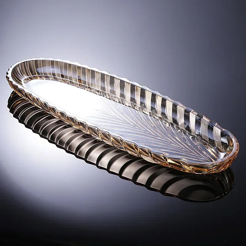 Crystal Glass Fruit Salad Tray Creative Leaf Stripe Household Nordic Nut Snacks Candy Pastry Tray Light Luxury Specialty Plates