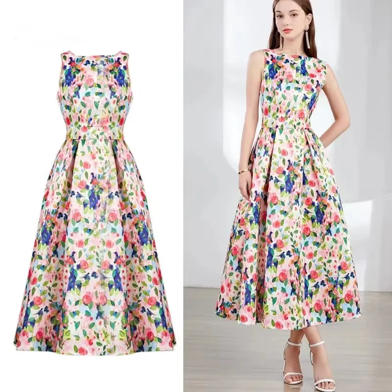 

New Fashion Women Round Collar Sleeveless Tank Ball Gown Long Dress Summer Gorgeous Flower Print High Waist Slim Robe Vestidos