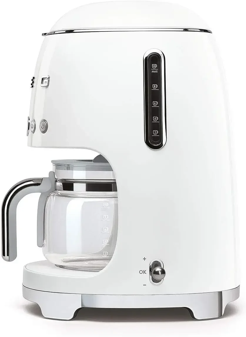 Smeg DCF02WHUK Drip Coffee Machine, Auto-Start Mode, Reuseable Filter, Digital Display, Anti-Drip System, Aroma Intensity Option