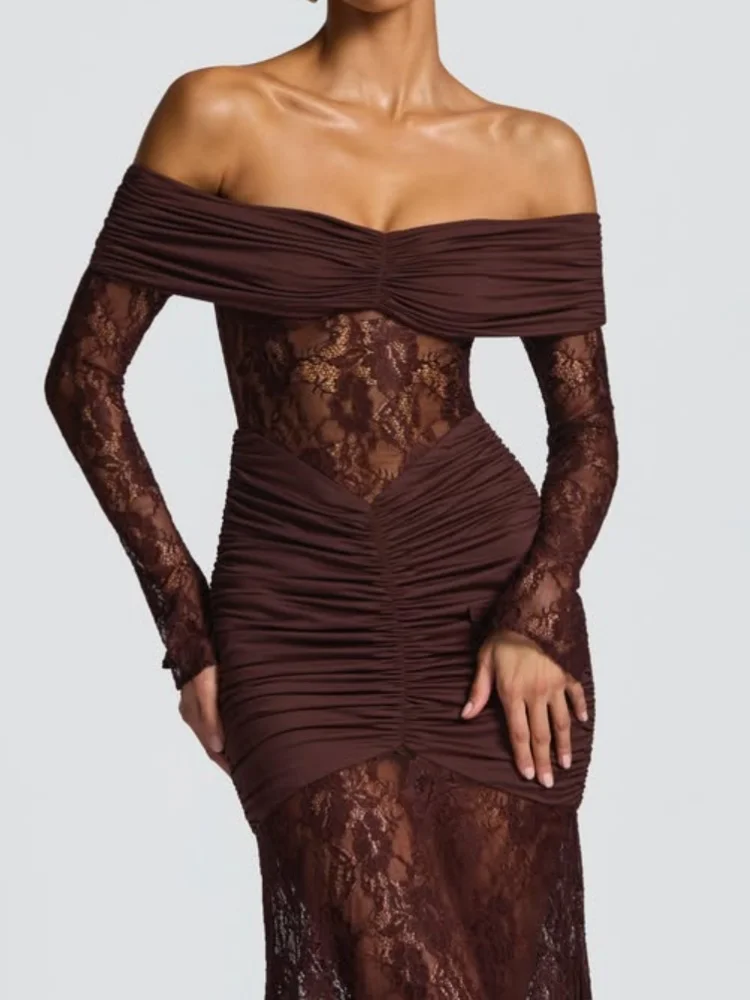 فستان سهرة طويل من الدانتيل بدون أكتاف باللون البني من VC للنساء - فستان حورية البحر مكشكش من الدانتيل الشفاف بأكمام طويلة للحفلات #2