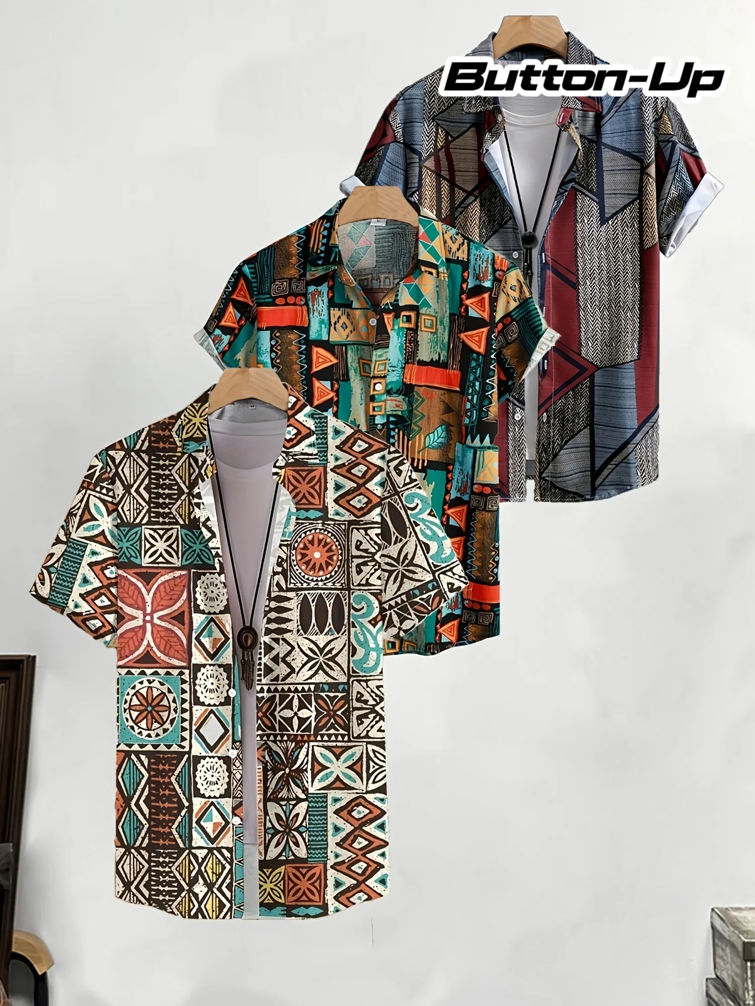 Mens Retro Color Block Geometric Plaid Texture Print Lapel Short Sleeve Button Down Casual Summer Vacation Shirt