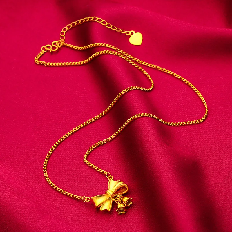

24K Gold Bowknot Pendant | AU999 Pure Gold, 3D ribbon-like bow with a delicate chain, sweet and elegant for daily wear