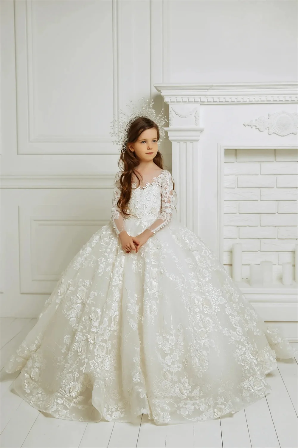 

O-Neck Flower Girl Dress For Wedding Princess Girls Pageant Dress White Lace Appliques Long Sleeves Floor-Length Kids Vestidos