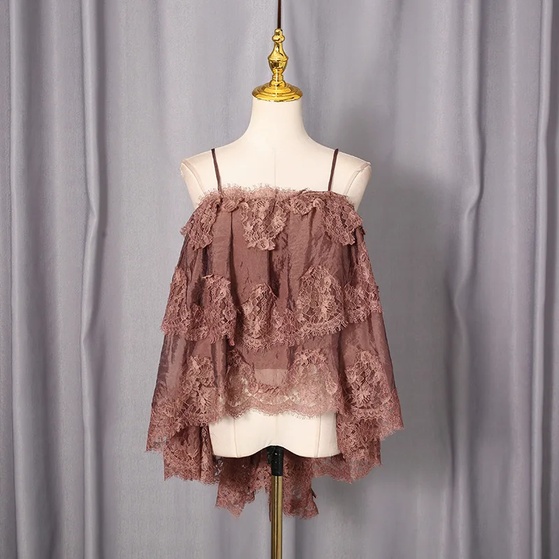 Sexy Sheer Spliced Lace Loose Design Shirt Floral Print Square Neck Sleeveless Backless Elegant Casual Shirt For Spring 2026