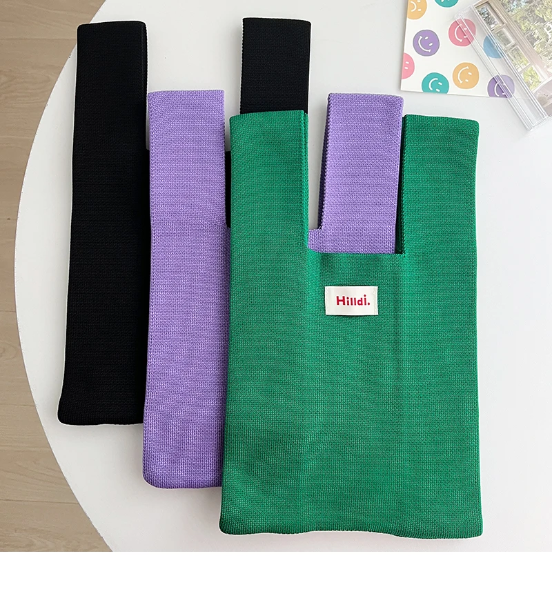 Borsa a mano in maglia da donna Mini borsa da polso con nodo borsa da polso riutilizzabile per studenti a righe larghe di colore Casual giapponese