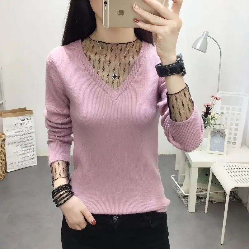 Women\'s Clothing V-neck Lace Mesh Gauze Sweaters Autumn Fashion Loose Long Sleeve Knit Pullovers Lady Elegant Chic Tops 40-80Kg