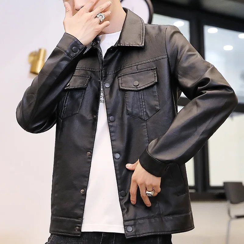 Men Classic Lapel Faux Leather Trucker Jacket Metal Snap Buttons Double Chest Pockets Casual Motorcycle PU Leather Outer Coat