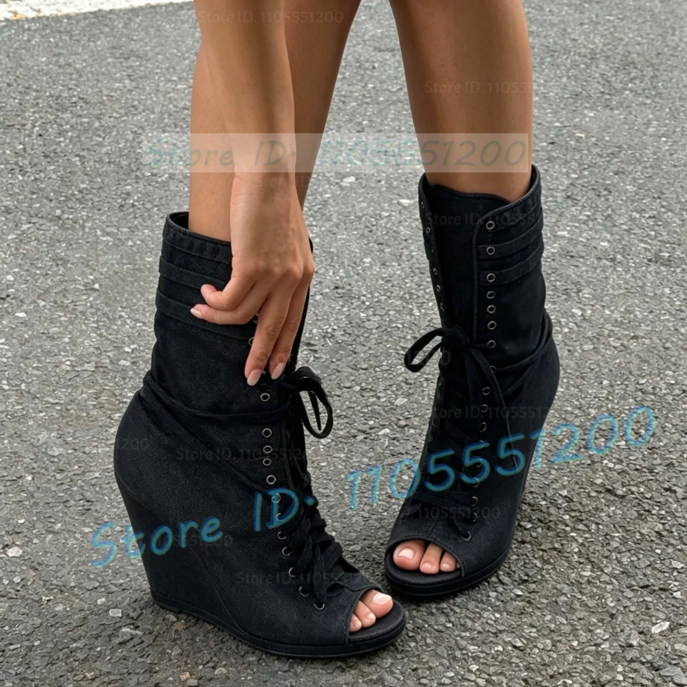 Black Canvas Peep Toe Wedges Short Boots Women Trendy Front Cross Tied Autumn Boots Cool Red Stripes Fabric Leggy Mid Calf Shoes