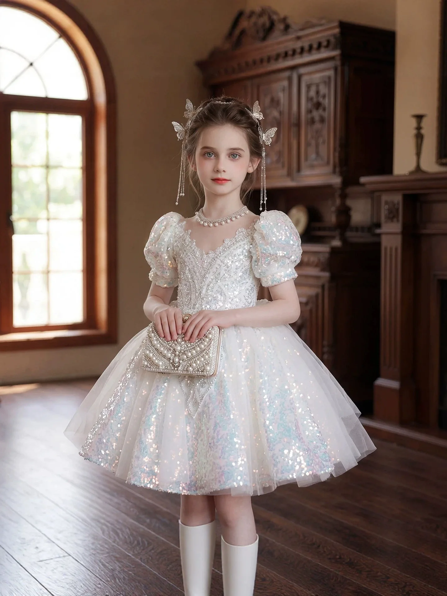 custom-flower-girl-dress-wedding-party-pageant-catwalk-puff-sleeve-iridescent-sequin-white-tulle-kids-gown-فساتين-اطفال
