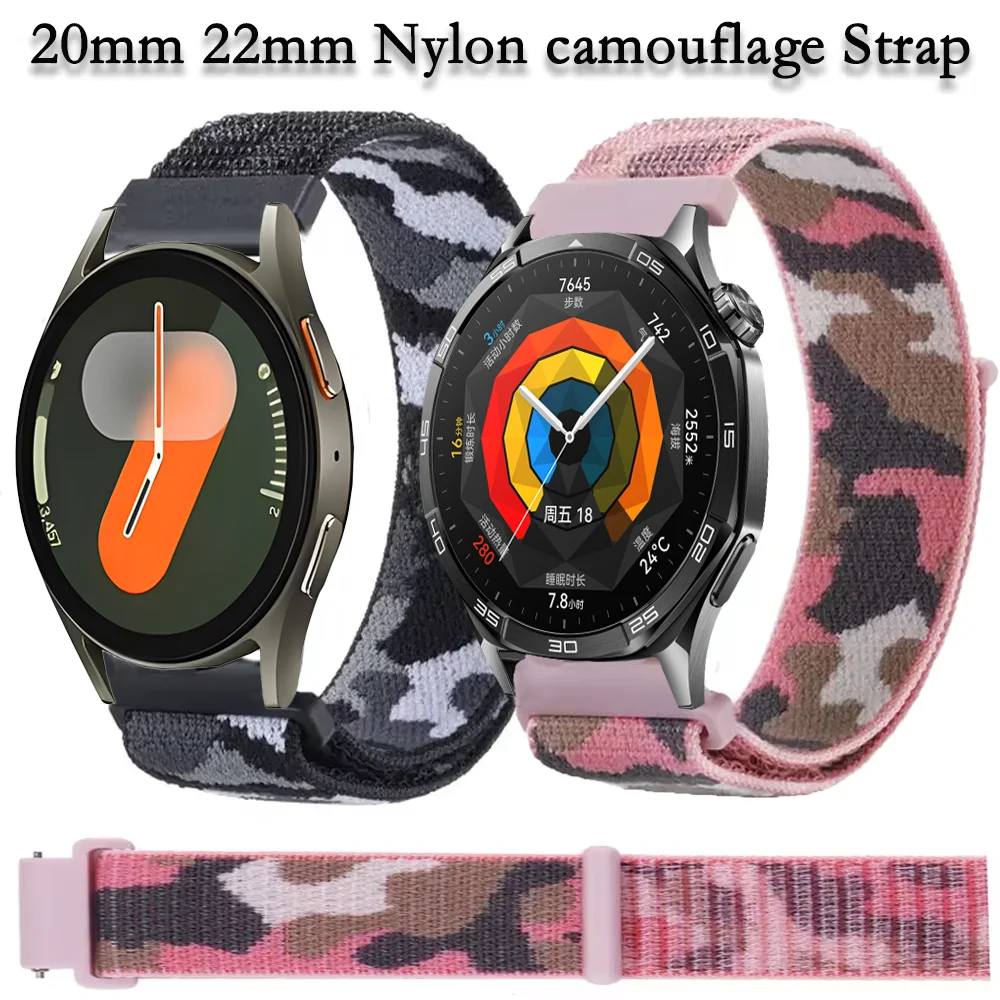 Нейлоновый камуфляжный ремешок 20 мм 22 мм для Samsung Galaxy Watch Correa 7/6/5/4 Huawei Watch GT5 GT4 46 мм дышащий браслет-браслет