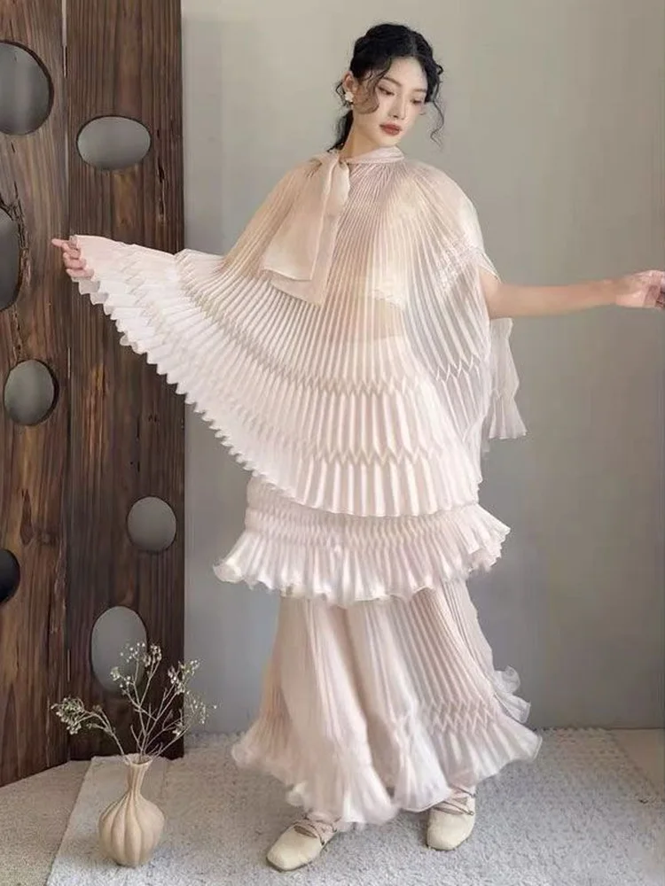 

Beach Vacation Style Semi-Transparent Gauze Pleated Knot Top And Skirt Set Women's Summer Fashion Ensemble