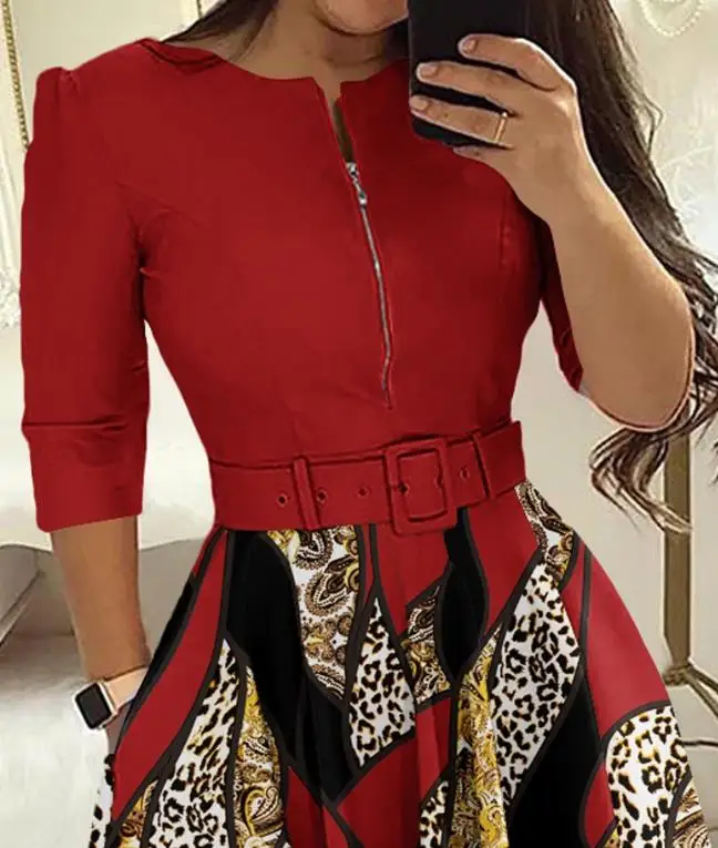 Women's Fashion Dress 2024 Spring Summer Latest Geometric Print Colorblock Zipper Design Casual Mini Dress Short Skirt with Belt