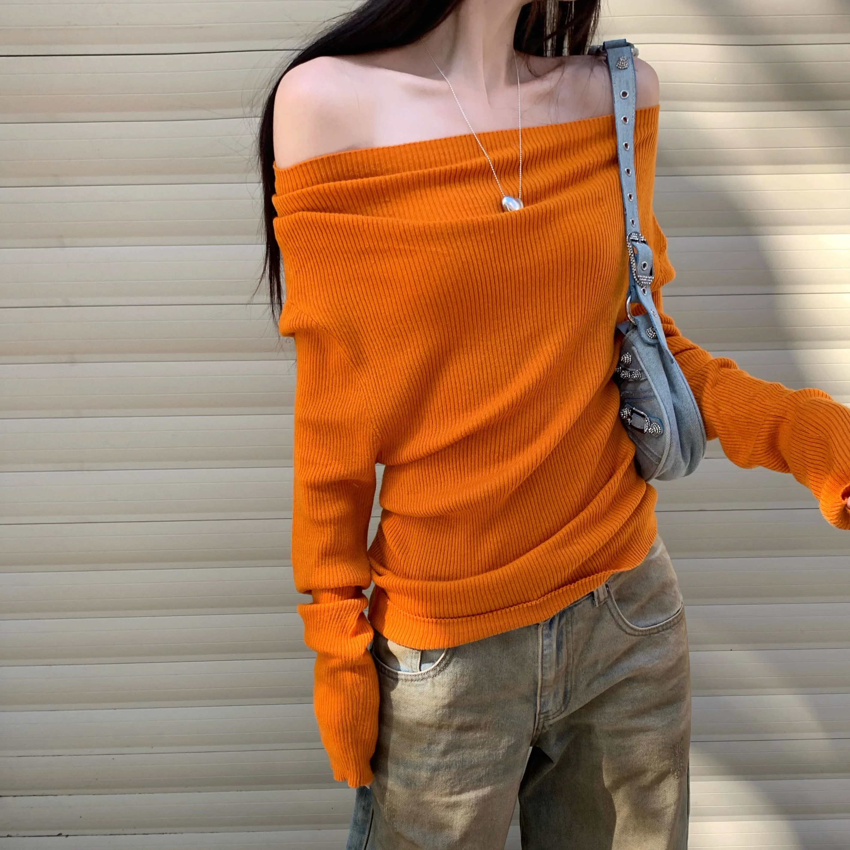 سترة نسائية كورية على الموضة باللون البيج والبني بدون أكتاف وأكمام طويلة سترة قصيرة للخريف والشتاء برتقالية مطوي محبوكة متعددة الاستخدامات #3