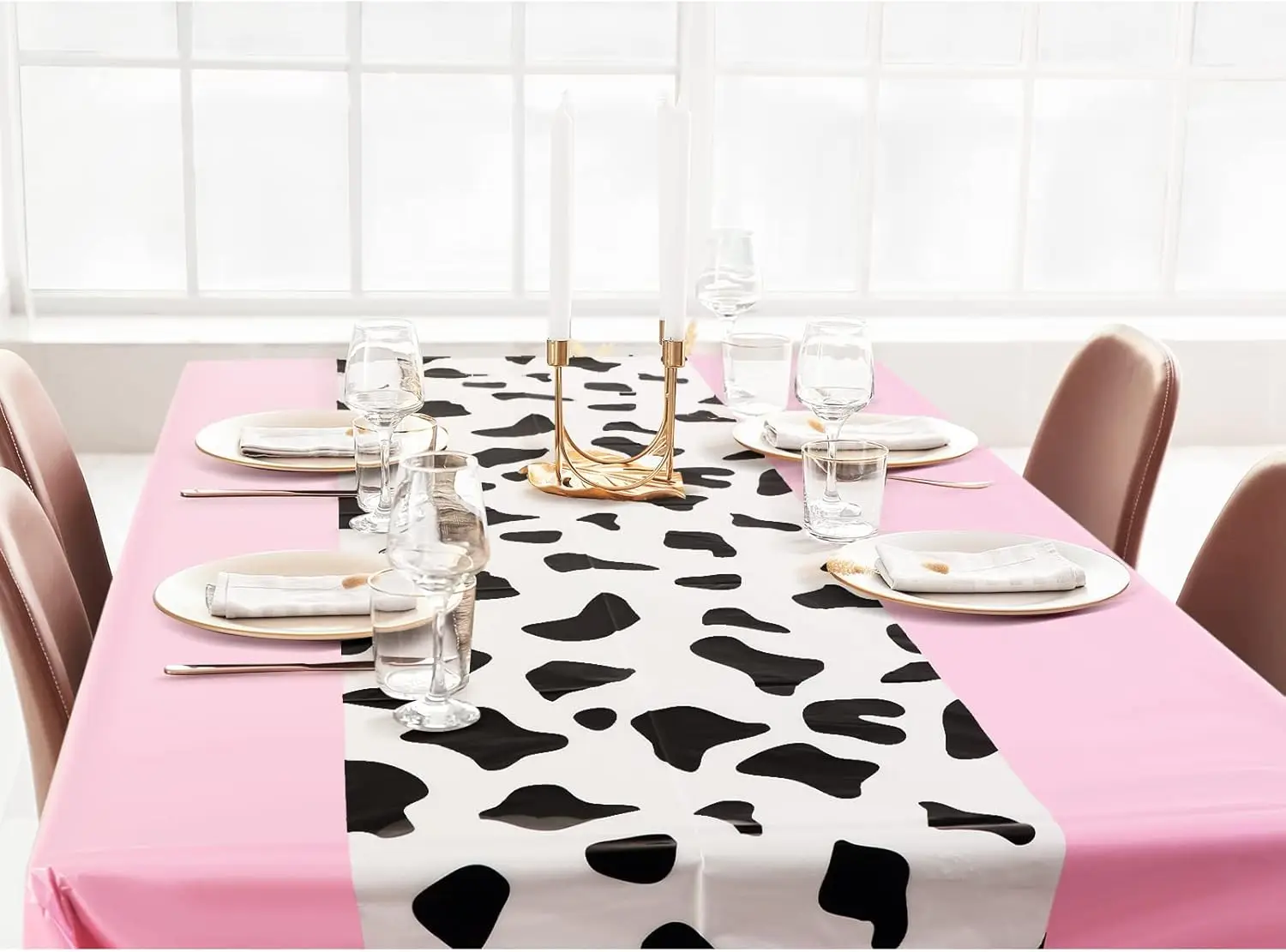 1Pc pink Cow Tablecloth for Party Cowboy Cow Table Runner Print Table Cover Toy Rectangular Birthday Party(Pink Elegant Pattern)