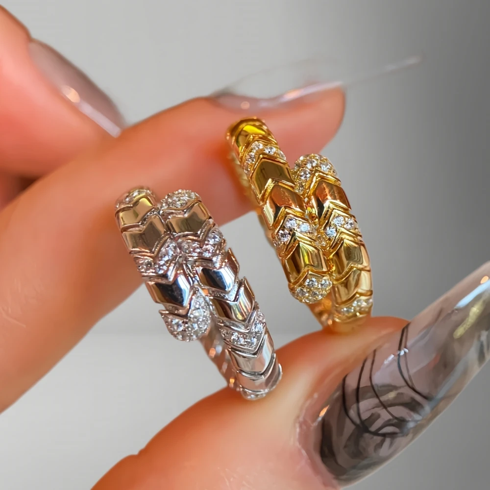 Serpent Pave Zircon Snake Ring 18K Gold Plated Minimalist Versatile Fashion Diamond Wrap Finger Ring Women's 925 Sterling Silver