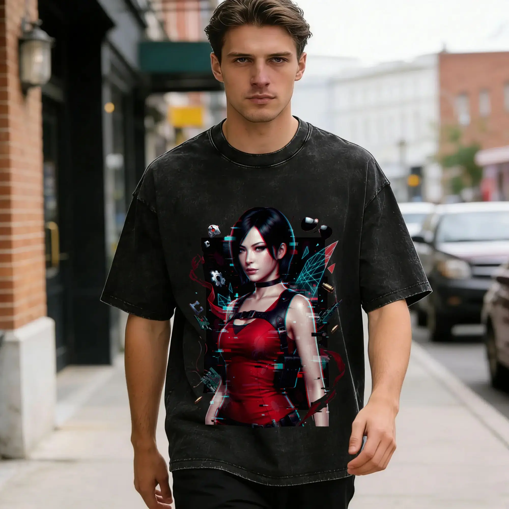 Ada Wong Red Dress Washed T Shirt Man Residents Evil Vintage Cotton T-Shirts Summer O Neck Leisure Tees Loose Plus Size Clothing