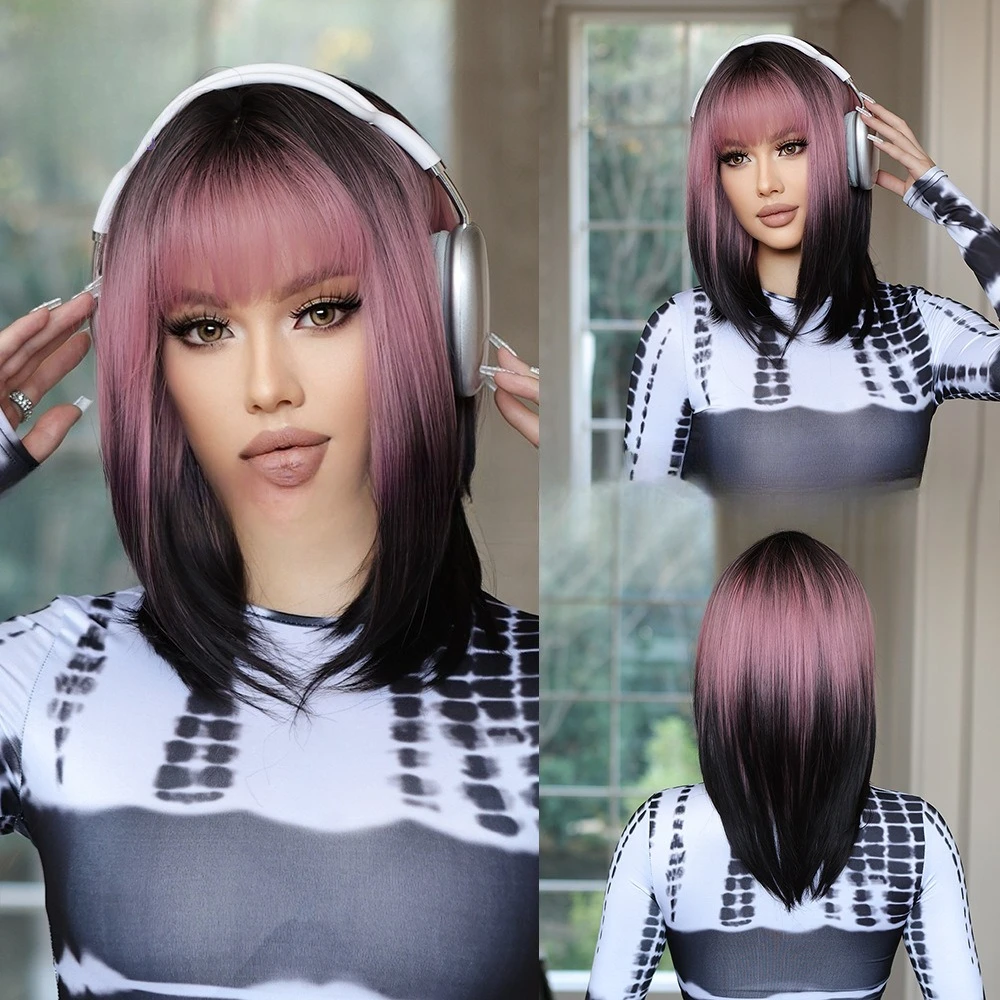 

Wig girl Qi bangs dyed black and pink wig cover daily street wig