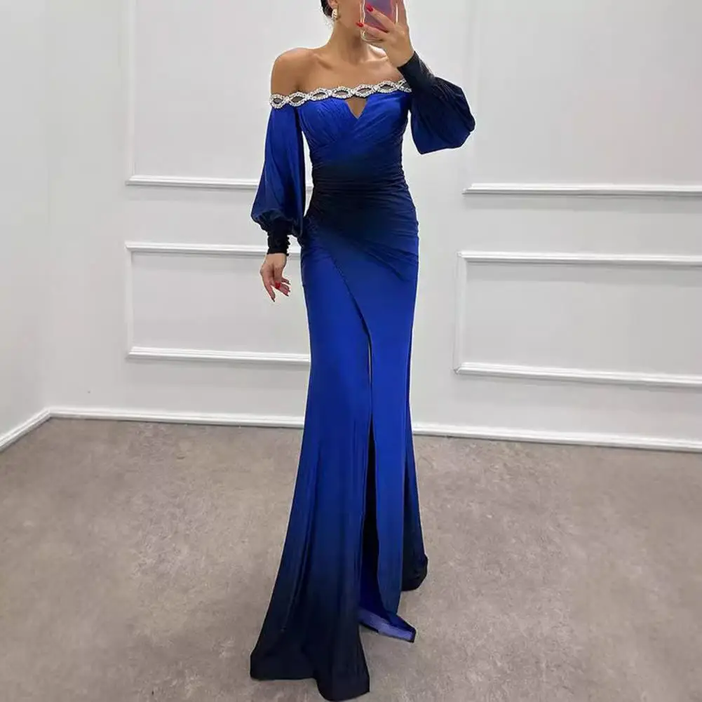 Vestido de noche con hombros descubiertos para mujer, vestido de novia con diamantes de imitación ahuecado, mangas largas de linterna delgadas, vestido de graduación plisado, Otoño e Invierno