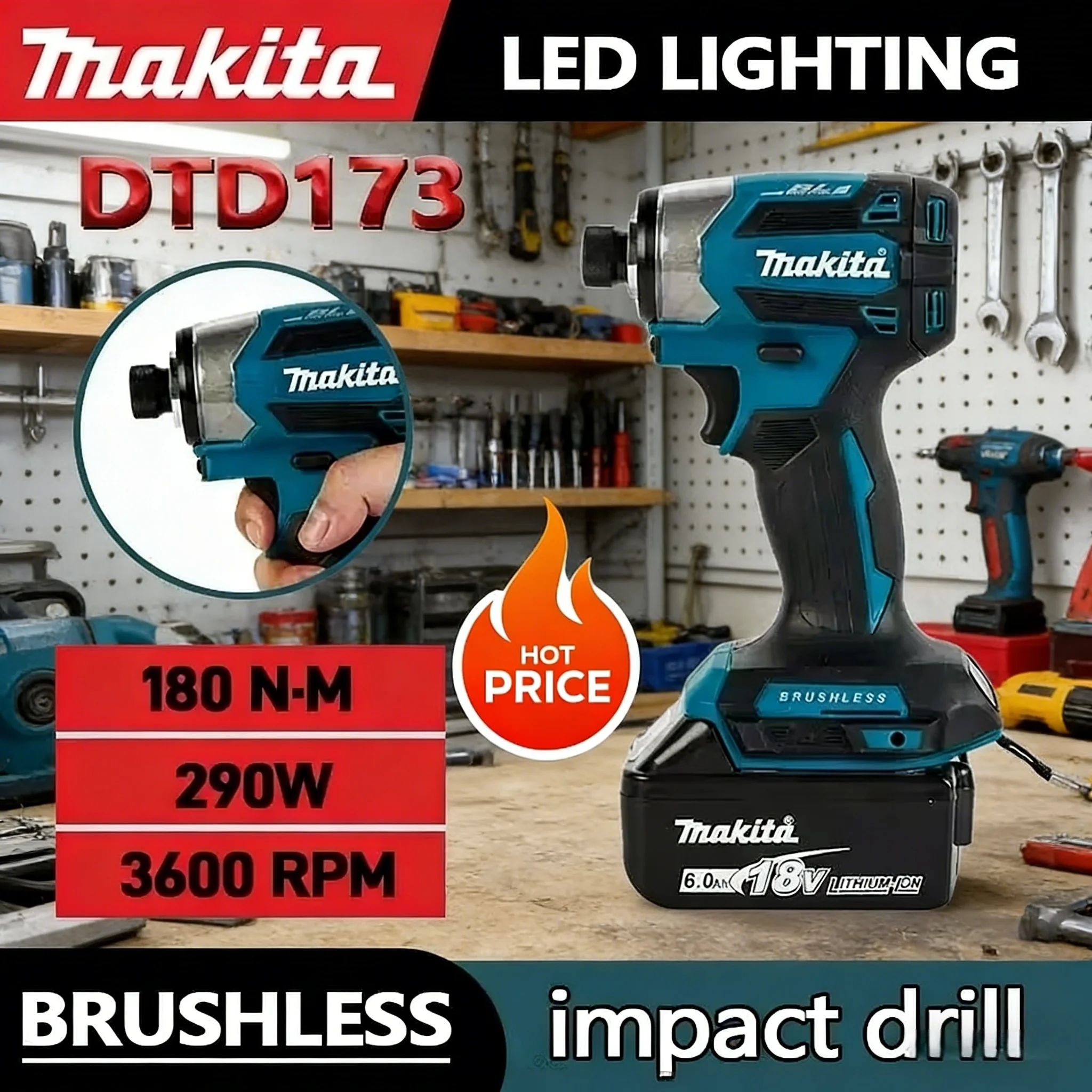

Аккумуляторный ударный гайковерт Makita DTD173, 1800 об/мин, 180 Нм, бесщеточный двигатель, электрическая дрель, режимы Wood/Bolt/T-Mode, для аккумуляторов Makita 18В