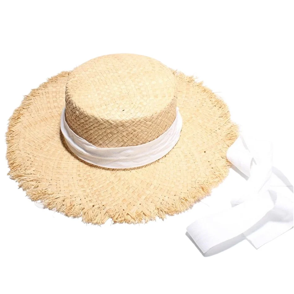

Brand New Design Women Boater Raffia Straw Sun Hat White Belt Ladies Summer Wide Brim Fashion Casual Lace-Up Ladies Beach Cap