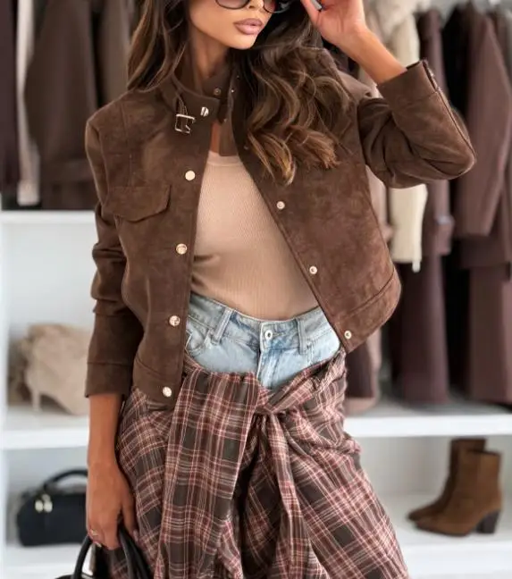 

Модная женская мотоциклетная короткая куртка в британском стиле High Street, облегающая однобортная куртка с высоким воротником из искусственной кожи оленя